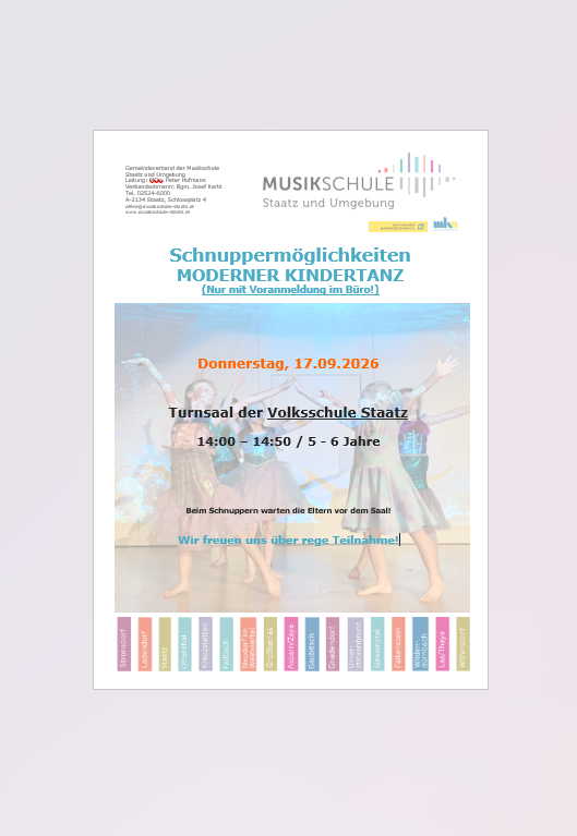 Kindertanz Schnuppertermin am 17.09.2026 in der Turnsaal der Volksschule Staatz